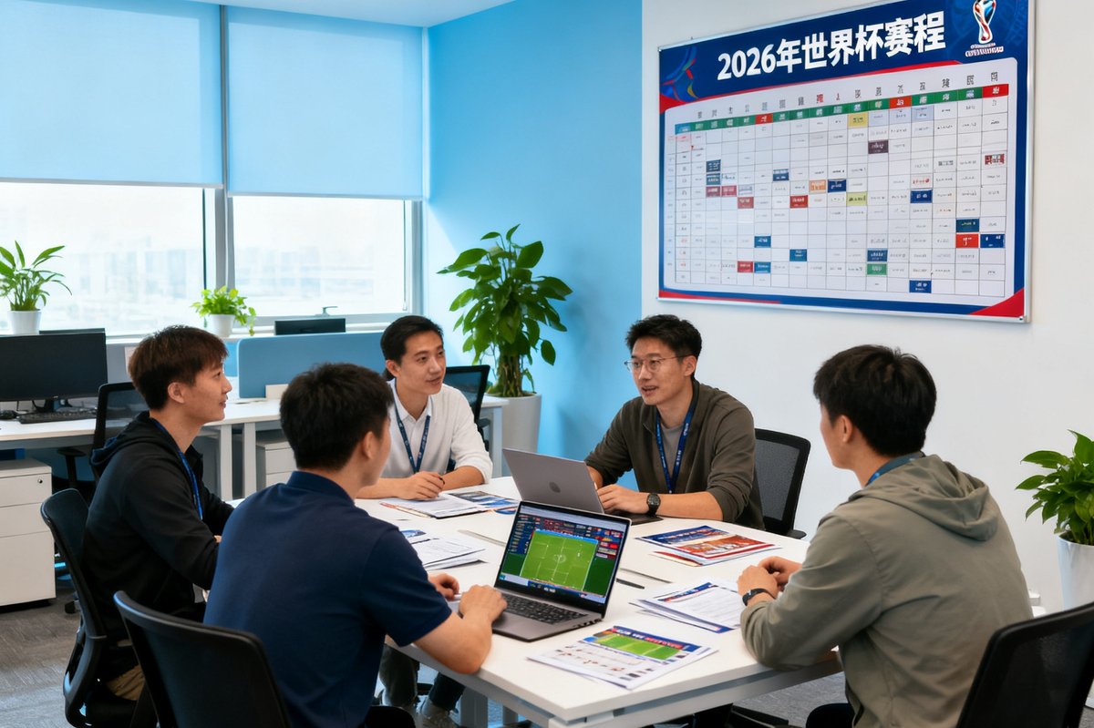 足球世界杯官网编辑部团队在开放式办公室中讨论今日赛事安排，墙上有世界杯赛程板