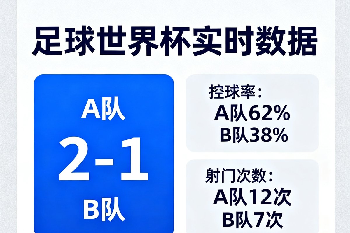 足球世界杯官网数据看板展示实时比赛结果、控球率和射门次数，界面简洁现代